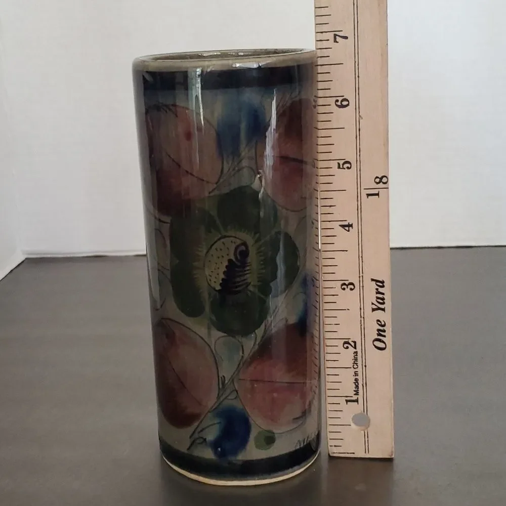 Vintage Tonala Mexican Pottery Hand Painted Floral Cylinder Vase 6.75